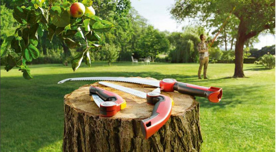 Verschiedene Handsägen von Wolf Garten auf einem Baumstumpf